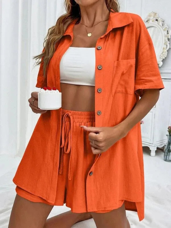 Women’s Long Sleeve Single-Breasted Broad-Leg Casual Set | Sexy Solid Summer 2-Piece Outfit