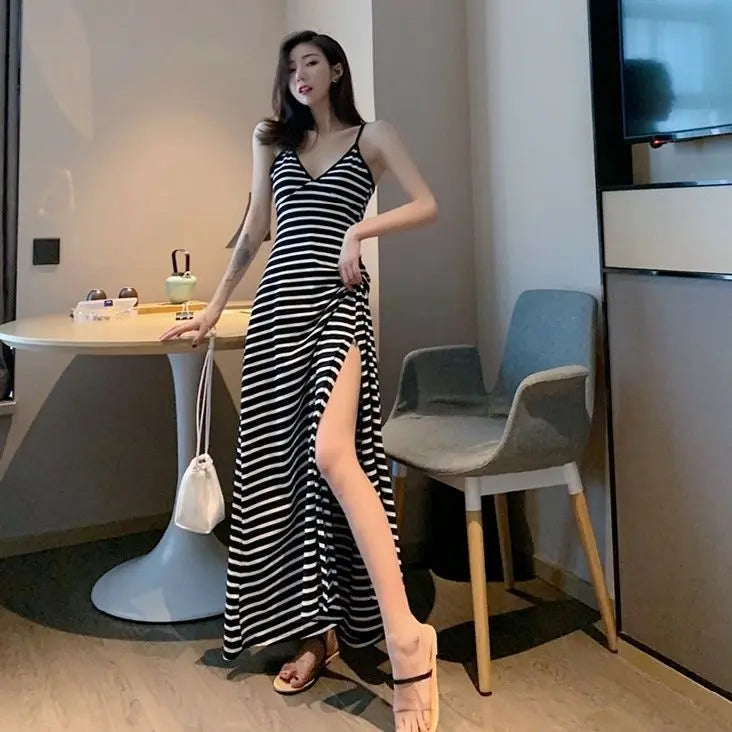 Women’s Black V-Neck Backless Maxi Dress – Sleeveless High Waist Side Slit Casual Long Elegant Dress