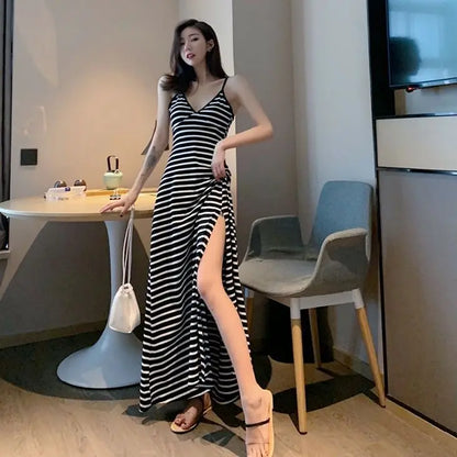 Women’s Black V-Neck Backless Maxi Dress – Sleeveless High Waist Side Slit Casual Long Elegant Dress