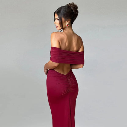 Women’s Off-Shoulder Backless Dress – Elegant Pleated High Slit Evening Party Dress