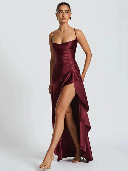Women’s Satin Spaghetti Strap Maxi Dress – Elegant Split Backless Evening & Party Dress
