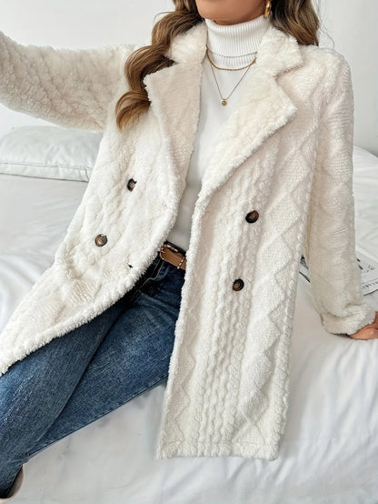 Women’s White Plush Warm Outerwear – Thick Soft Winter Coat with Long Sleeves