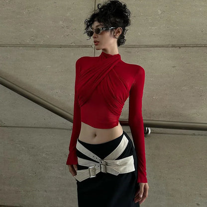 Women’s Red Turtleneck Bandage Crop Top | Sexy See-Through Streetwear Club Fashion Top