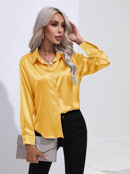 Women’s Satin Imitation Silk Shirt | Long Sleeve Lapel Office Top | Elegant Solid Blouse
