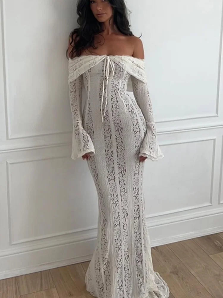 Women’s Lace Hollow Out Strapless Gown – Elegant Off Shoulder Backless Maxi Dress for Party & Evening Events