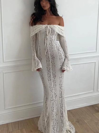Women’s Lace Hollow Out Strapless Gown – Elegant Off Shoulder Backless Maxi Dress for Party & Evening Events