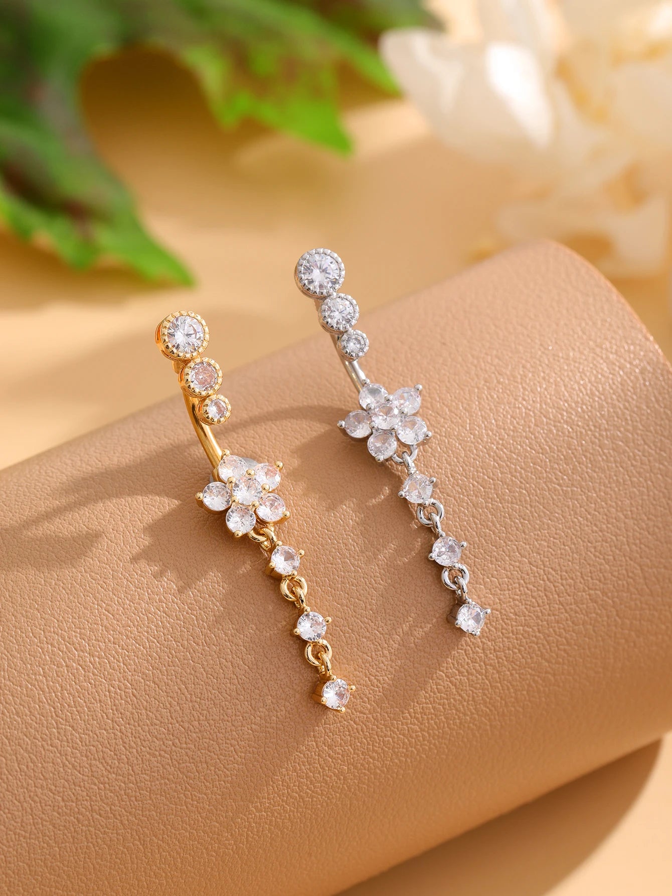 Women’s Gold Stainless Steel Belly Button – Long Dangle Flower CZ Crystal Navel Piercing Jewelry