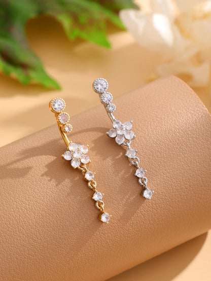 Women’s Gold Stainless Steel Belly Button – Long Dangle Flower CZ Crystal Navel Piercing Jewelry