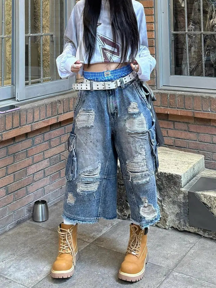Women’s Vintage Denim Bermuda Bottom – Washed Baggy Jean Pants Slim Y2K Hot Girl Style with Distressed Holes