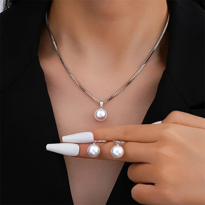 Women’s 3PCS Pearl Jewelry Set – Elegant Round Necklace & Earrings for Wedding or Gift