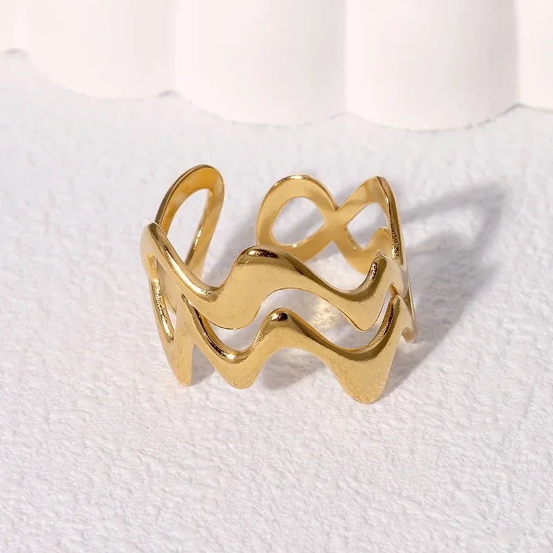Women’s Irregular Wave Stainless Steel Ring – Adjustable Gold Color Statement Jewelry