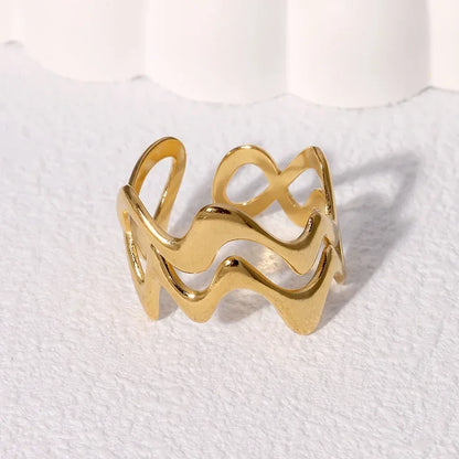 Women’s Irregular Wave Stainless Steel Ring – Adjustable Gold Color Statement Jewelry