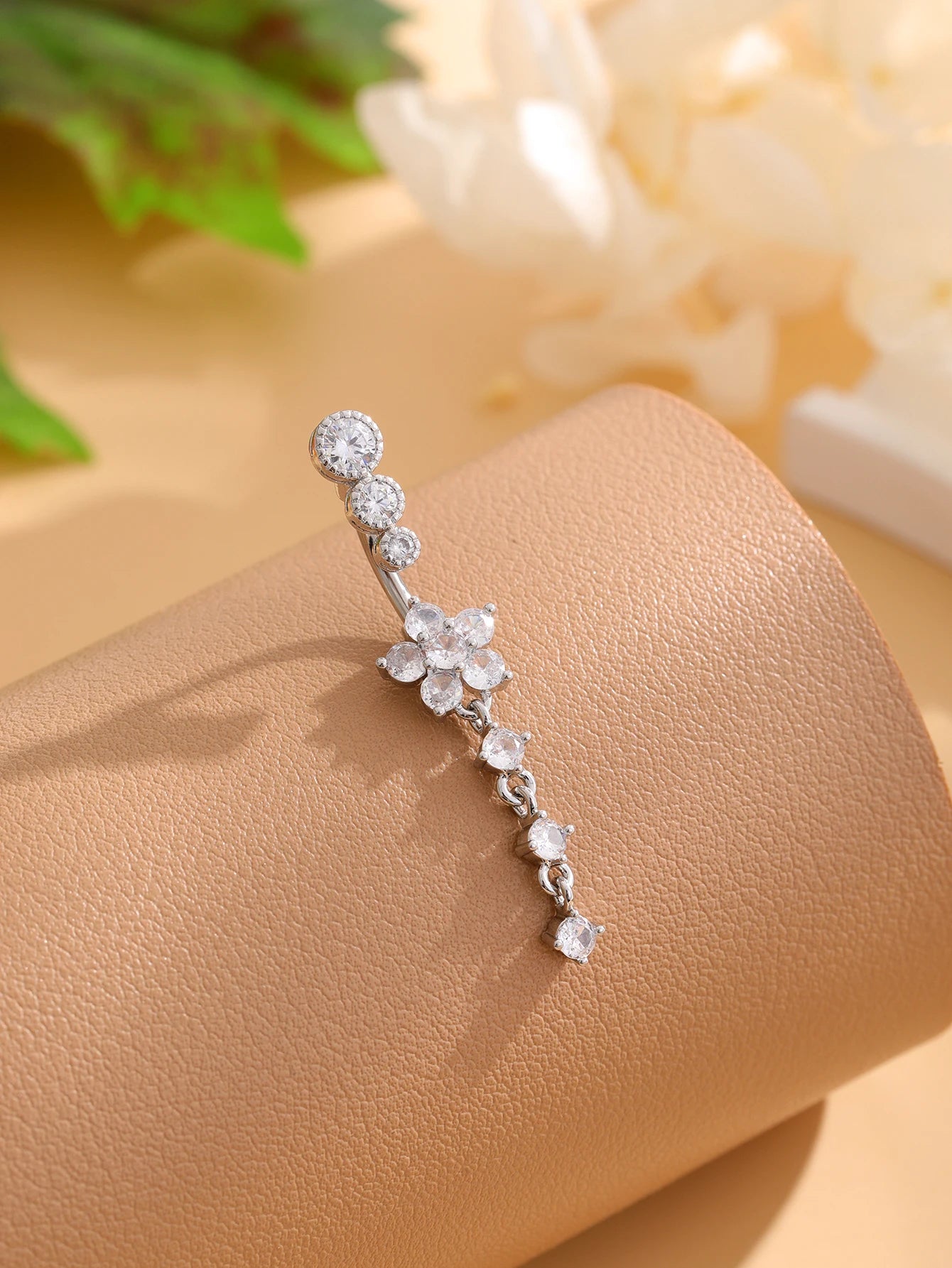 Women’s Gold Stainless Steel Belly Button – Long Dangle Flower CZ Crystal Navel Piercing Jewelry