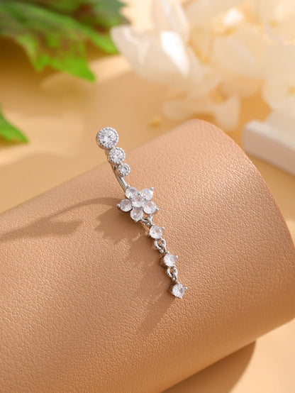 Women’s Gold Stainless Steel Belly Button – Long Dangle Flower CZ Crystal Navel Piercing Jewelry