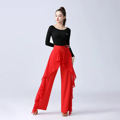 Women’s High-Waist Ruffle Dance Pants – Latin, Tango & Samba Performance Wide-Leg Trousers