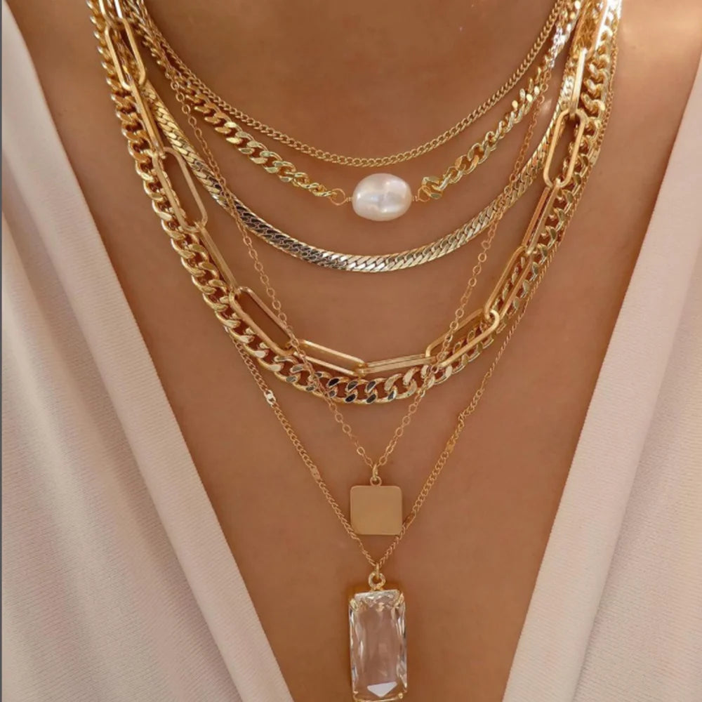 Women’s Jewelry Boho Layered Crystal Pendant Necklace | Vintage | Gold Tone | Trendy