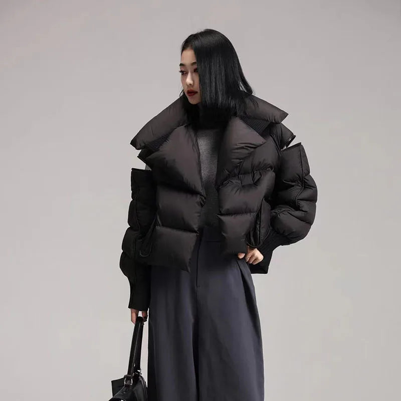 Women’s Down Jacket Outerwear – Knitted Patchwork Lapel Puffer Jacket