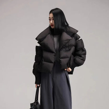 Women’s Down Jacket Outerwear – Knitted Patchwork Lapel Puffer Jacket