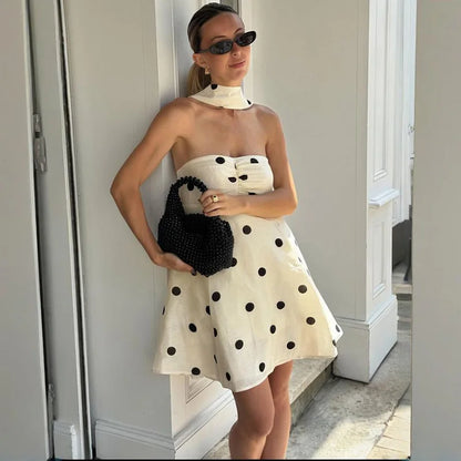 Women’s Polka Dot Mini Dress | One-Shoulder Backless Pleated Summer Luxury Dress | Elegant Sexy Party Wear