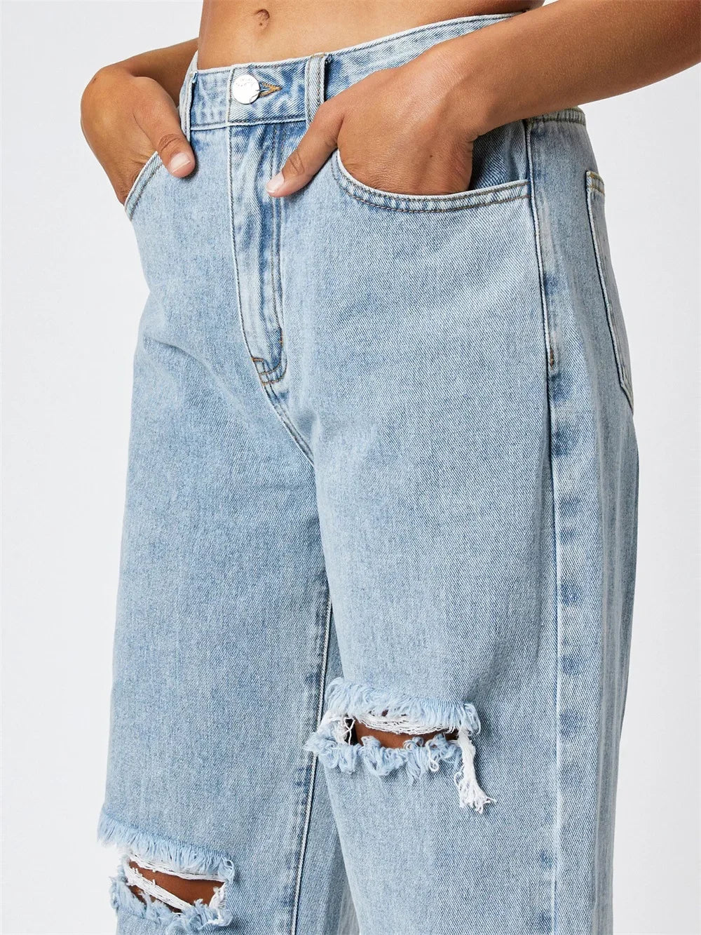 Women’s Ripped Denim Bottom – High Waist Distressed Hole Jeans, Vintage Straight Ankle-Length Pants