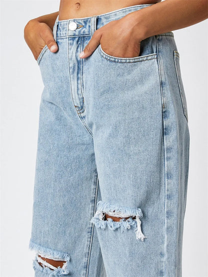 Women’s Ripped Denim Bottom – High Waist Distressed Hole Jeans, Vintage Straight Ankle-Length Pants