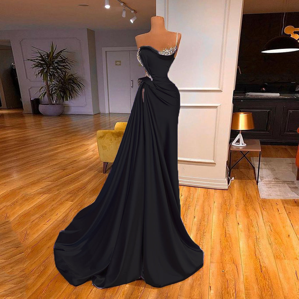 Women’s One Shoulder Lilac Evening Dress – Beaded Ruched Formal Gown with Sweep Train, Elegant Party & Pageant Maxi Dress