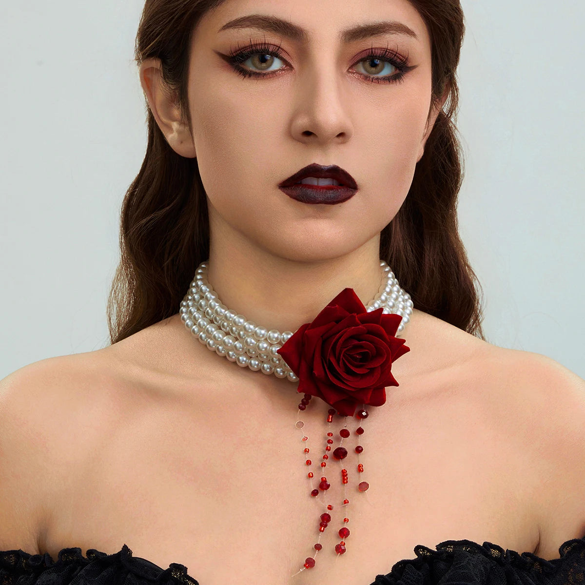 Women’s Jewelry Pearl Rose Choker Necklace | Goth | Red Crystal | Halloween