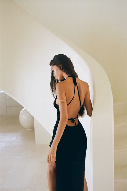 Women’s Backless Knitted Halter Maxi Dress – Elegant Sleeveless High Split Summer Dress