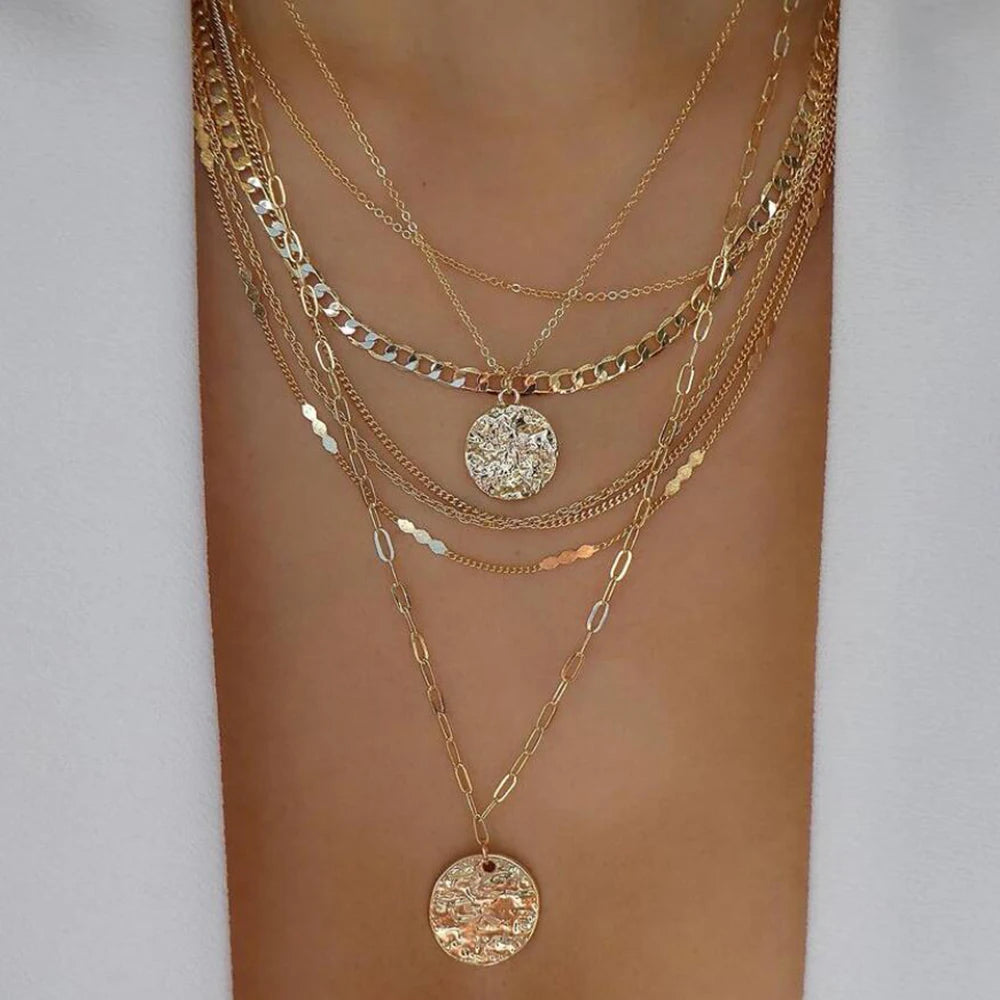 Women’s Jewelry Boho Layered Crystal Pendant Necklace | Vintage | Gold Tone | Trendy