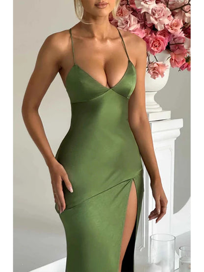Women’s Satin Spaghetti Strap Dress – Elegant Backless Lace-Up Split Hem Long Party Maxi Dress