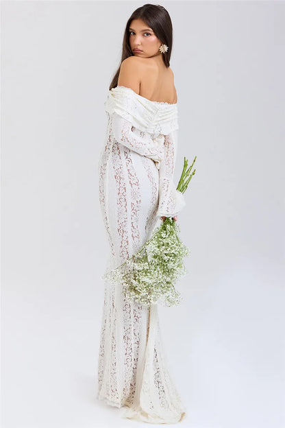 Women’s Floral Lace Off-Shoulder Maxi And Mini Dress – Strapless Backless Party Dress
