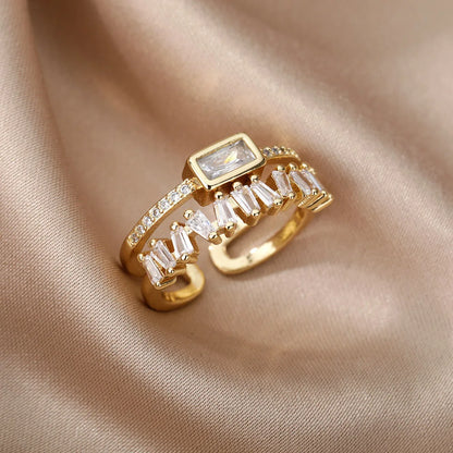 Women’s Jewelry Green Zircon Open Ring | Classic | Double Layer | Gold Plated