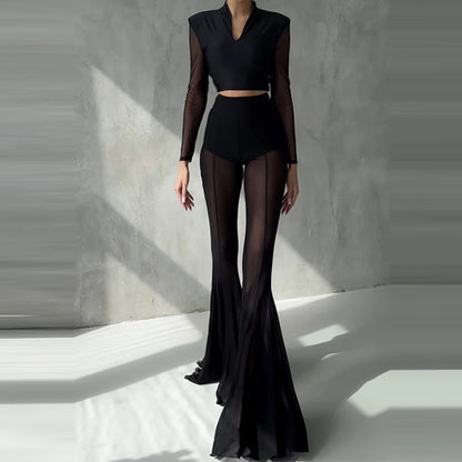 Women’s High Waist Flared Pants – Elegant Slim Fit Patchwork Transparent Bottoms