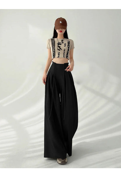 Women’s Streetwear Wide Leg Pants Bottom – Korean High Waist Lace-Up Suit Trousers, Elegant Black Summer Fashion