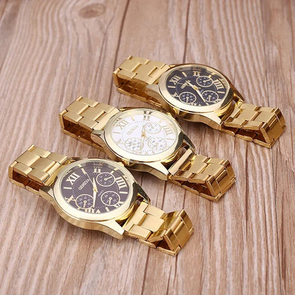 Men’s Light Luxury Watch – Gold Stainless Steel Wristwatch with 3-Eye Dial