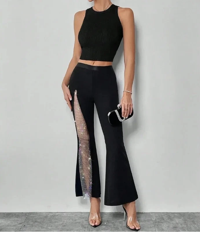 Women’s Street Fashion Flared Pants Bottom – Glitter High Slit Bootcut Trousers, Mid Waist Grenadine Fabric for Party & Night Out