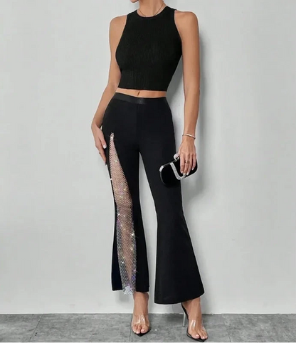 Women’s Street Fashion Flared Pants Bottom – Glitter High Slit Bootcut Trousers, Mid Waist Grenadine Fabric for Party & Night Out