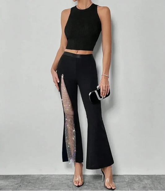 Women’s Street Fashion Flared Pants Bottom – Glitter High Slit Bootcut Trousers, Mid Waist Grenadine Fabric for Party & Night Out