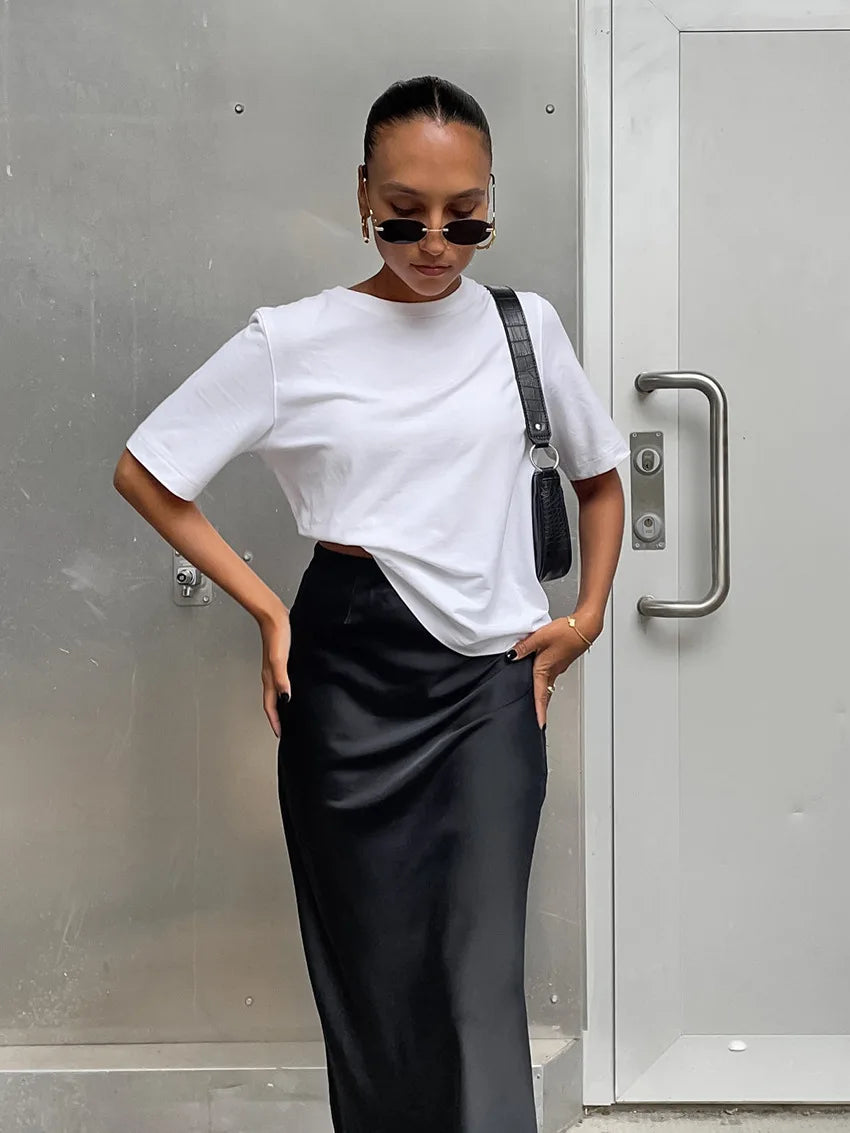 Women’s Satin High Waist Midi Skirt Bottom – Elegant Chic High Street Style