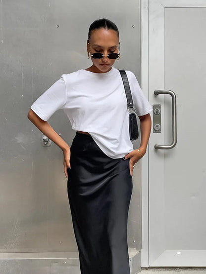 Women’s Satin High Waist Midi Skirt Bottom – Elegant Chic High Street Style
