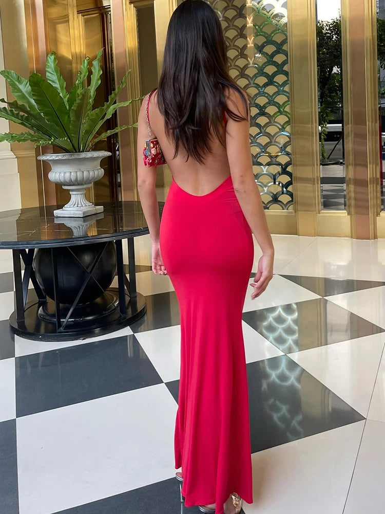 Women’s Sleeveless Backless Maxi Dress – Elegant Solid Y2K Spring Prom & Party Dress