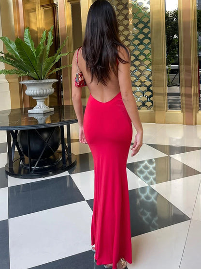 Women’s Sleeveless Backless Maxi Dress – Elegant Solid Y2K Spring Prom & Party Dress