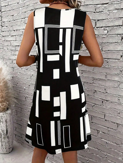 Women’s Geometric Pattern Midi Dress – Sleeveless Casual Summer Dress