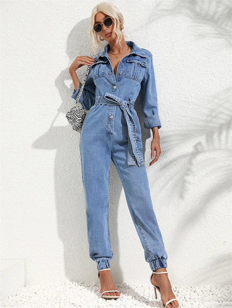 Women’s Denim Jumpsuit | Streetwear | Belted | Turn Down Collar