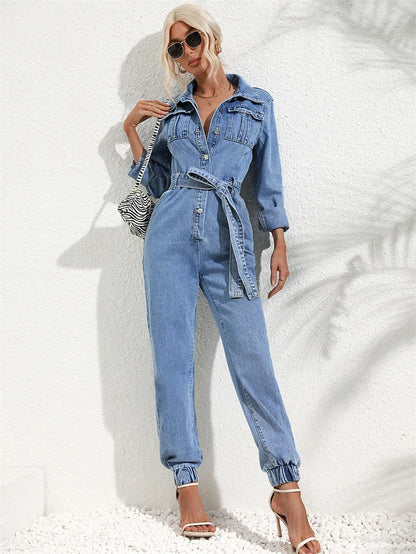 Women’s Denim Jumpsuit | Streetwear | Belted | Turn Down Collar