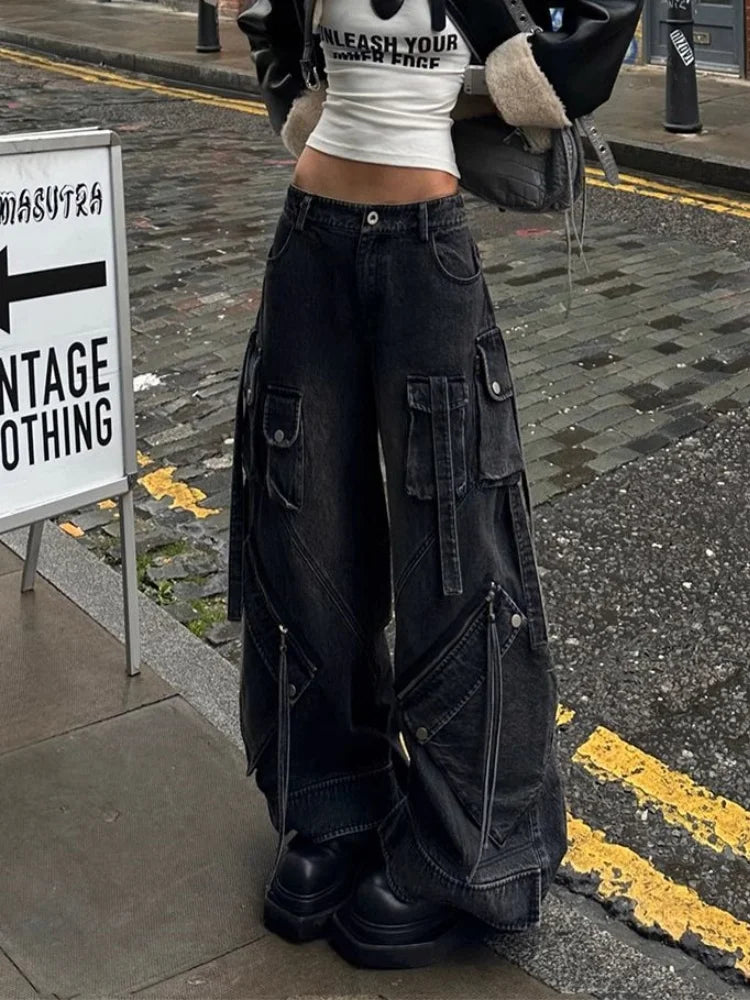 Women’s Punk Y2K Washed Black Cargo Jeans – Wide-Leg Baggy Streetwear Pants with Pockets