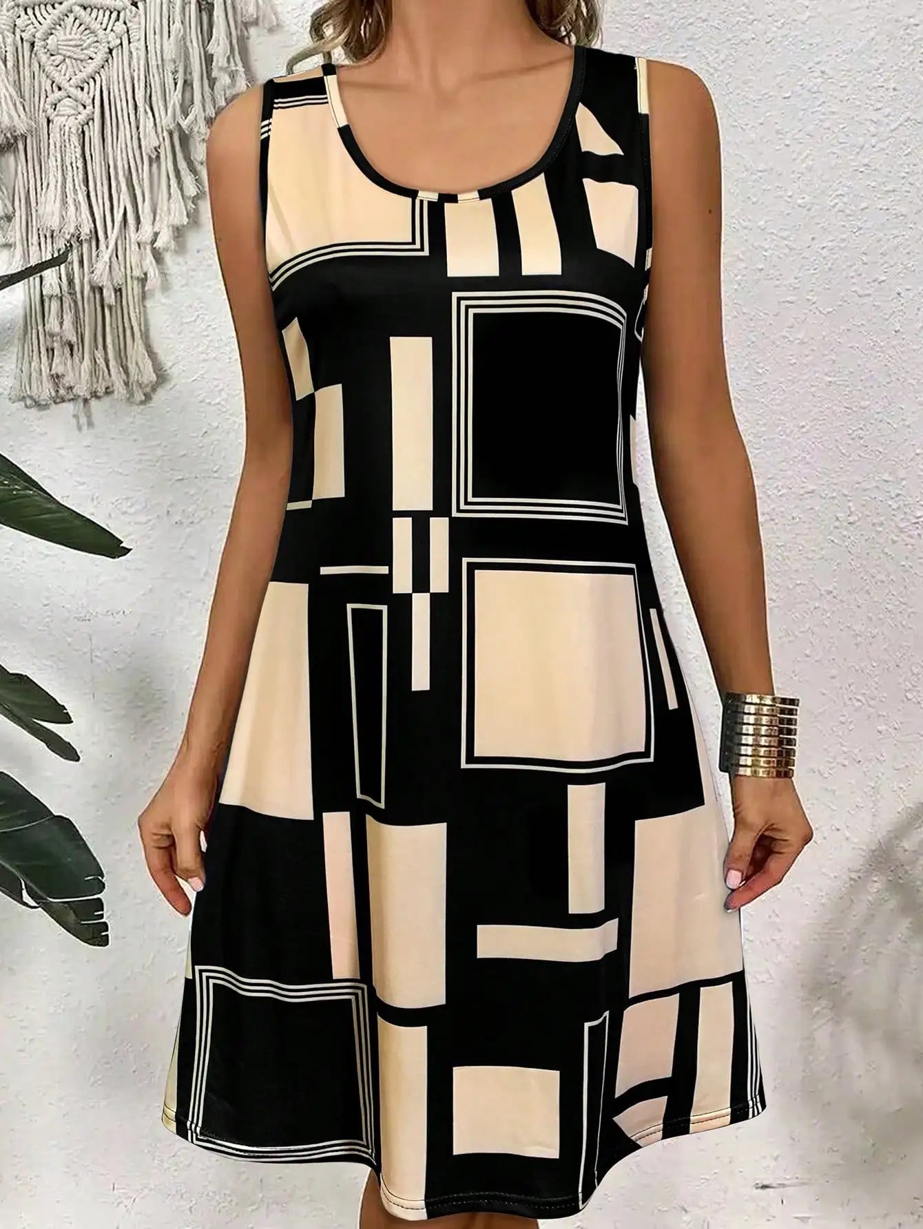 Women’s Geometric Pattern Midi Dress – Sleeveless Casual Summer Dress