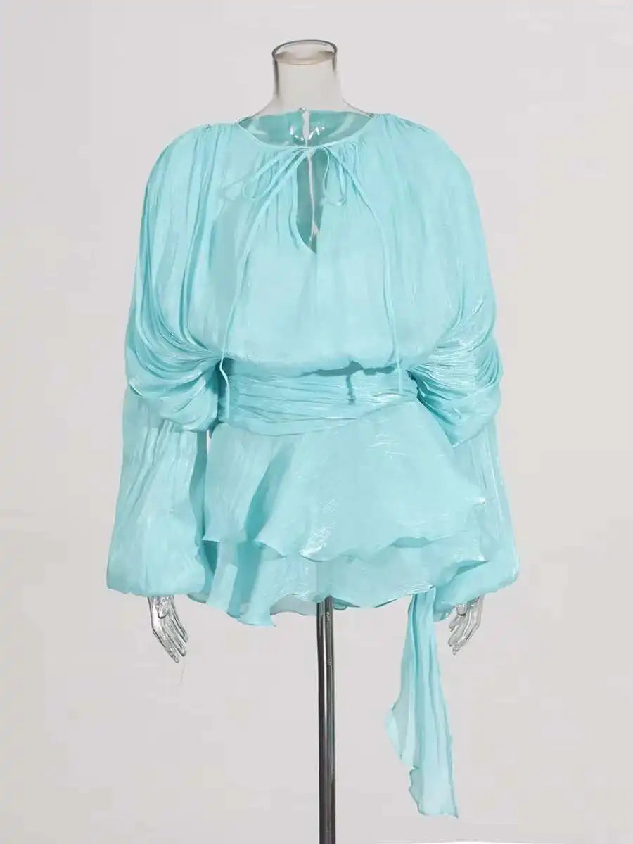 Women’s V-Neck Lace-Up Mini Dress – Long Sleeve Sweet Style Fashion Dress