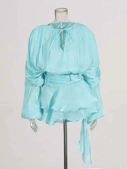 Women’s V-Neck Lace-Up Mini Dress – Long Sleeve Sweet Style Fashion Dress