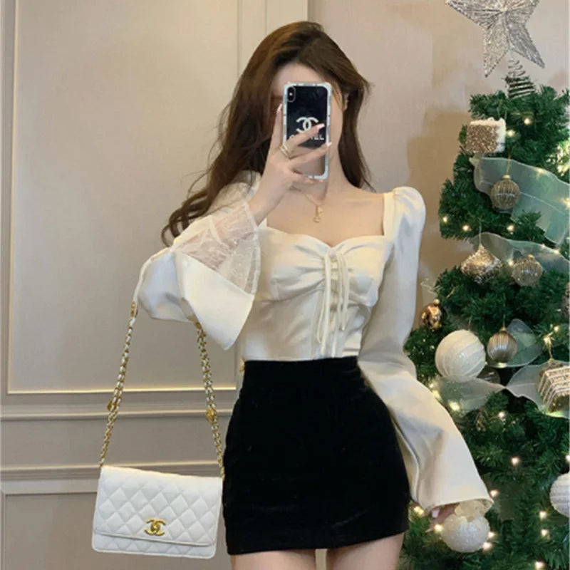 Women’s Lace Flare Sleeve Elegant Top | Sexy Lovely Korean Fashion Retro Pure Slim Spring Blouse